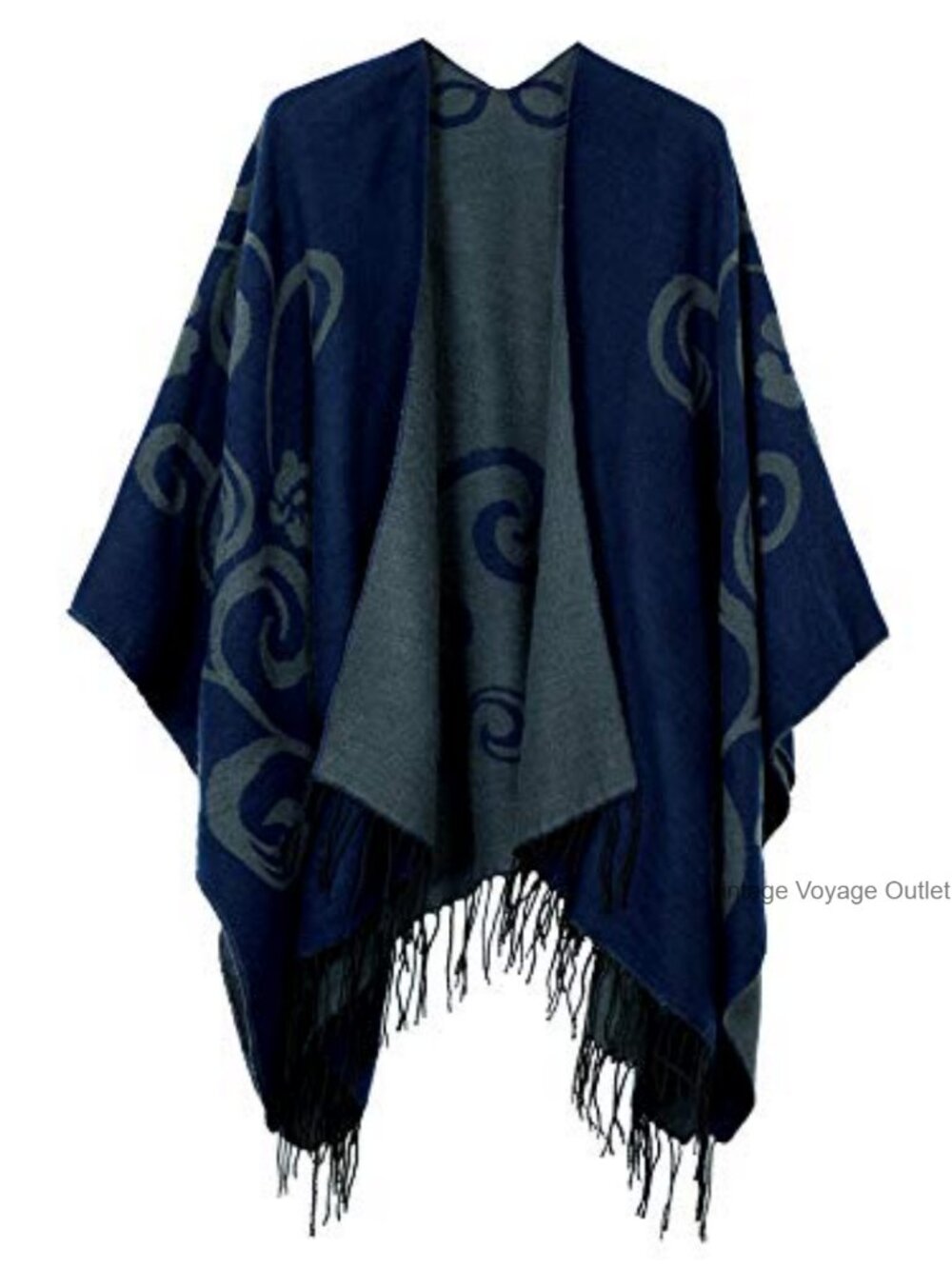 Open Front Poncho Shawl Wrap Western Printed Tassel Reversible